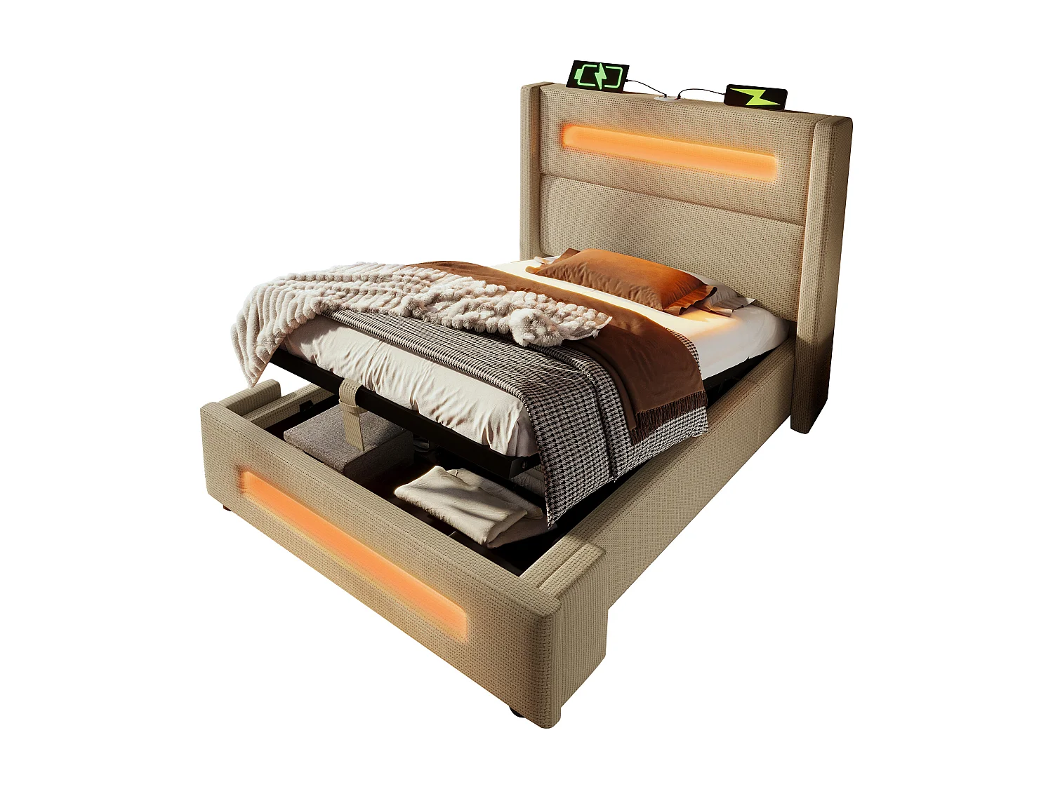 Lit simple 90x200 cm en beige avec LED, lit de jeunesse avec rangement hydraulique et ports USB