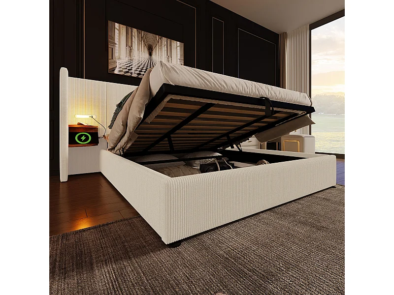 Lit double 180×200 cm avec tête de lit multifonctionnelle, lampe de lecture et ports USB Type-C, beige