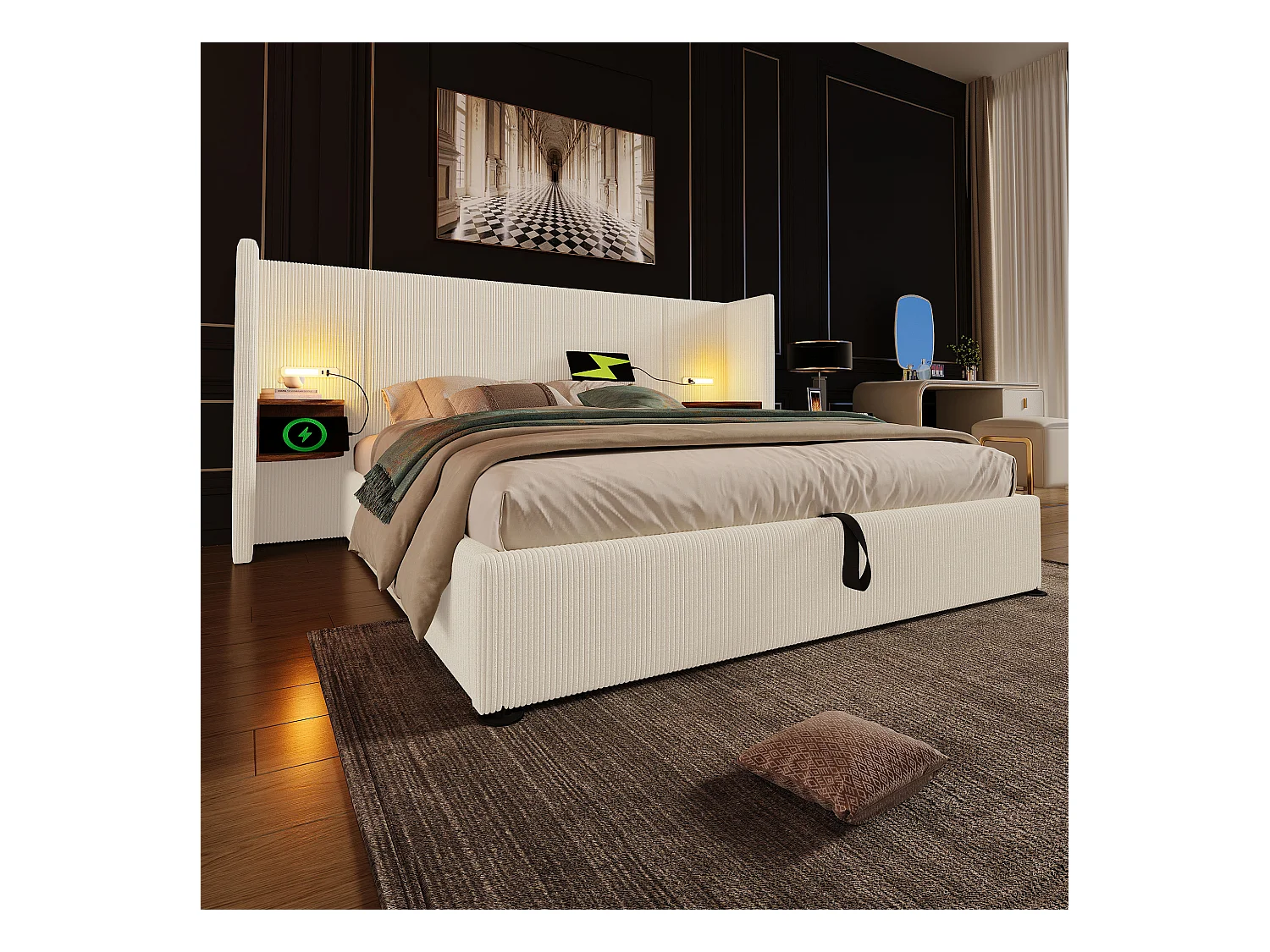 Lit double 180×200 cm avec tête de lit multifonctionnelle, lampe de lecture et ports USB Type-C, beige