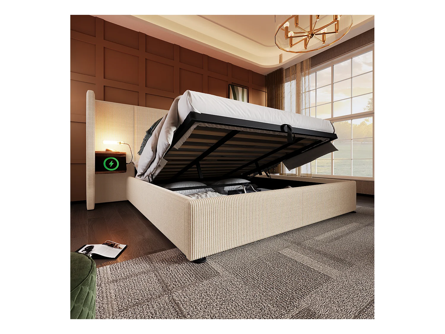 Lit double 180×200 cm avec tête de lit multifonctionnelle, lampe de lecture et ports USB Type-C, beige