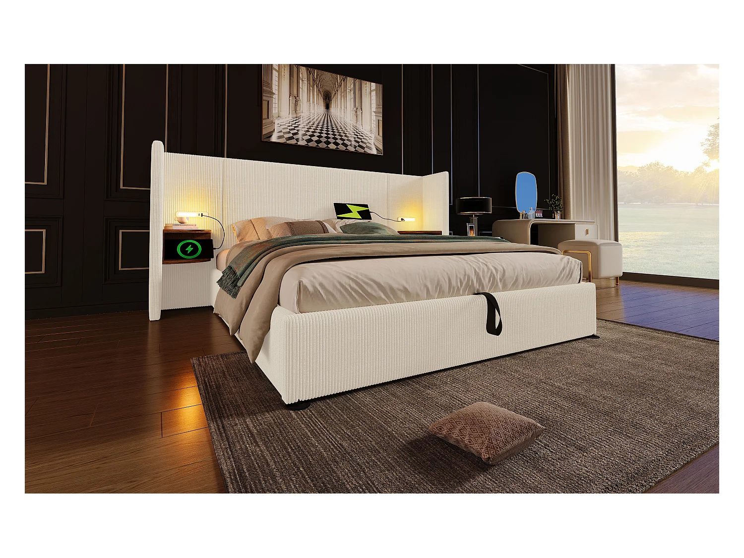 Lit double 180×200 cm avec tête de lit multifonctionnelle, lampe de lecture et ports USB Type-C, beige