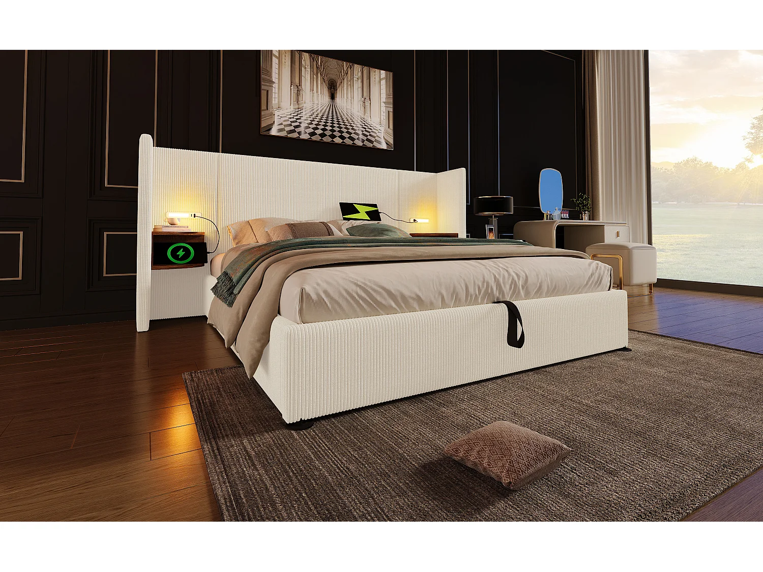 Lit double 180×200 cm avec tête de lit multifonctionnelle, lampe de lecture et ports USB Type-C, beige