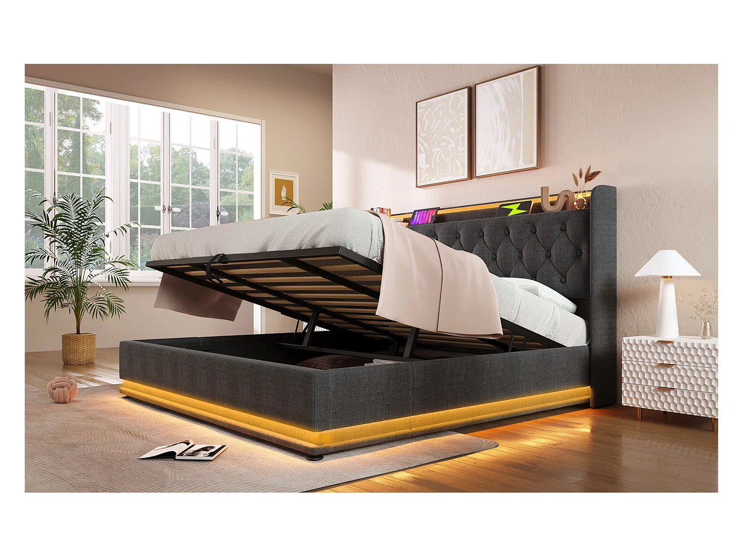 Lit double 180×200 cm en lin gris avec éclairage LED 360°, tête de lit rembourrée et port USB