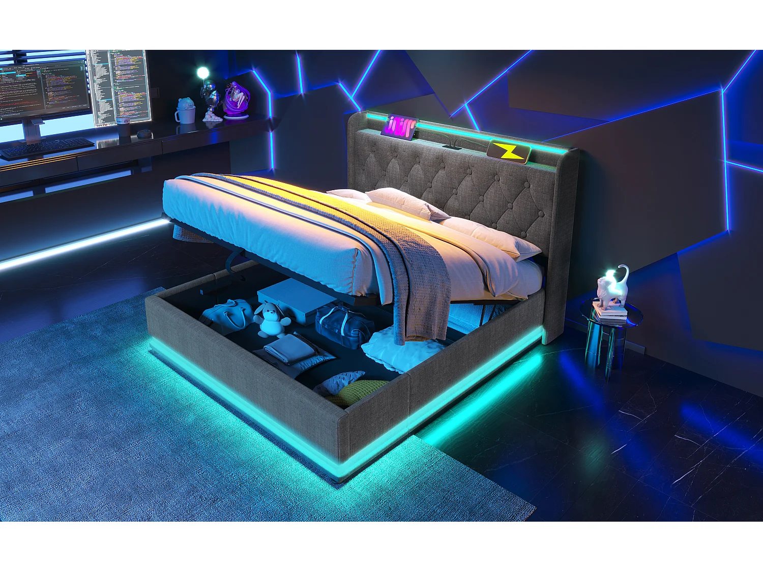 Lit double 180×200 cm en lin gris avec éclairage LED 360°, tête de lit rembourrée et port USB