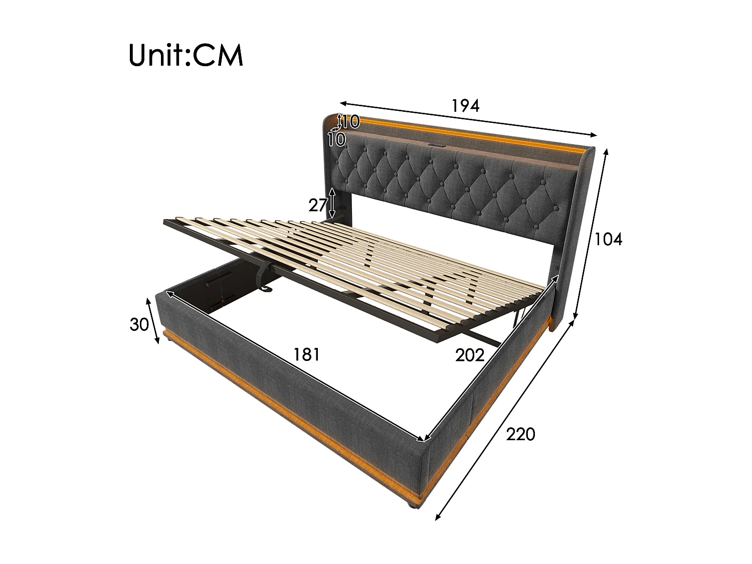 Lit double 180×200 cm en lin gris avec éclairage LED 360°, tête de lit rembourrée et port USB