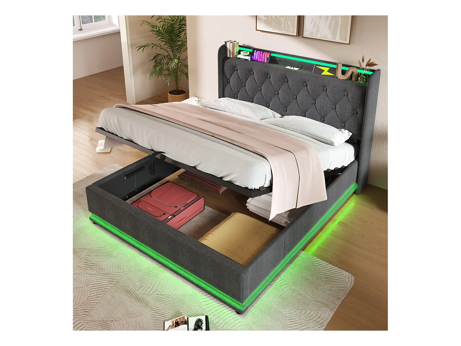 Lit double 180×200 cm en lin gris avec éclairage LED 360°, tête de lit rembourrée et port USB