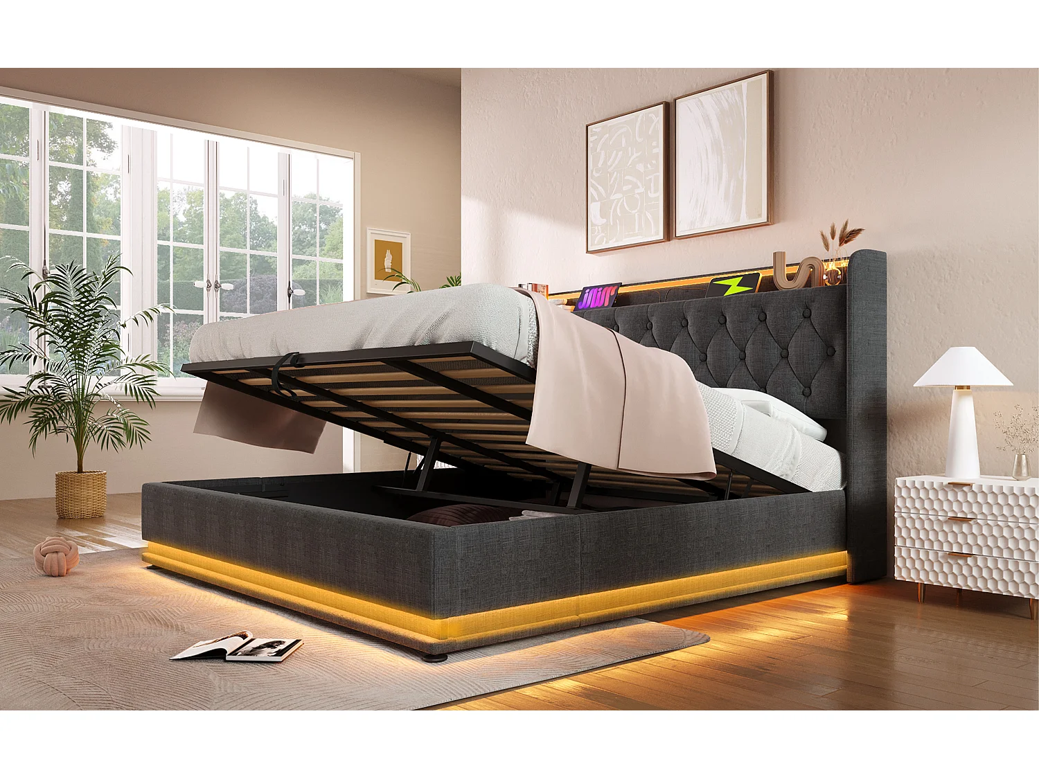 Lit double 180×200 cm en lin gris avec éclairage LED 360°, tête de lit rembourrée et port USB