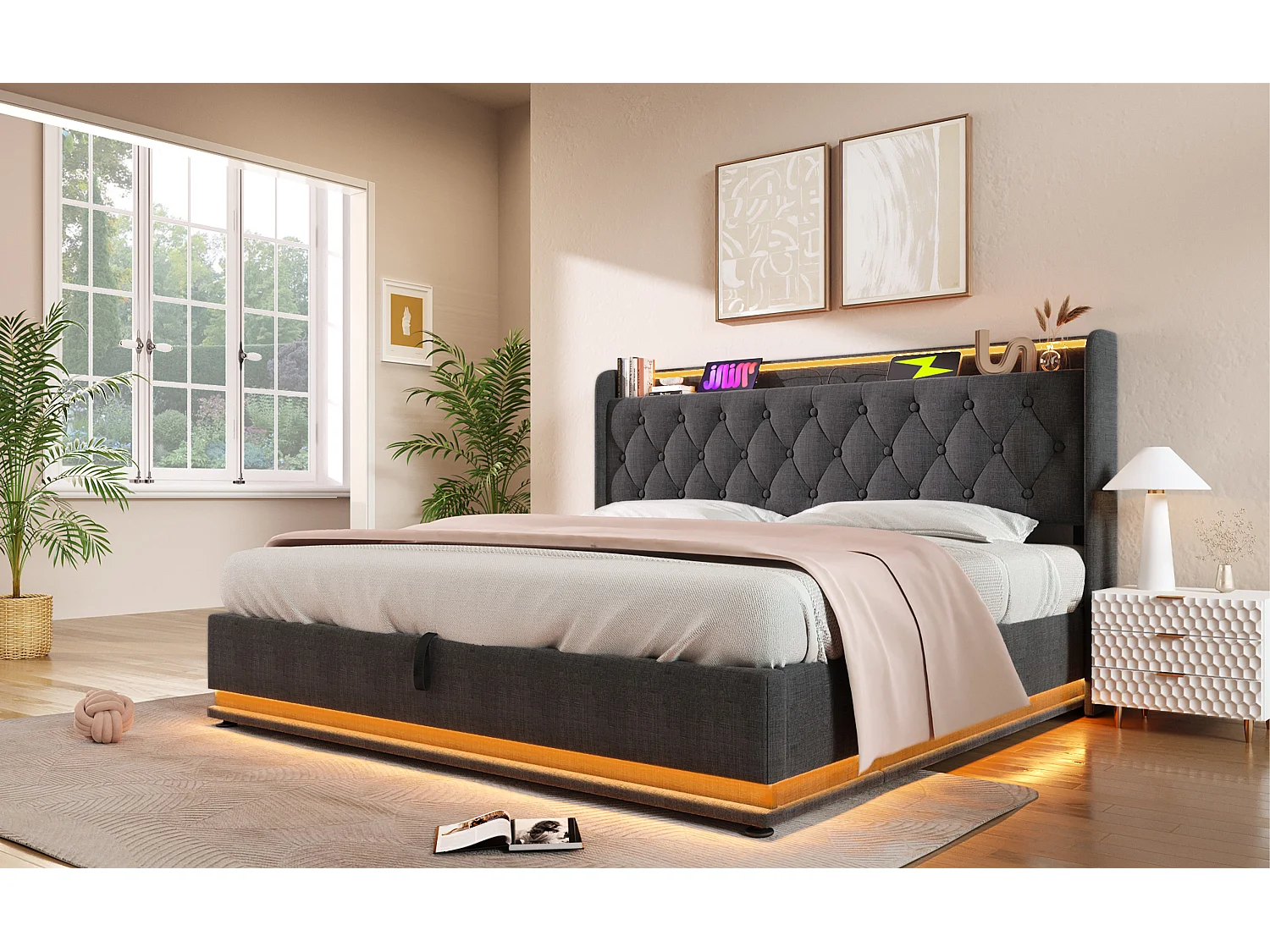 Lit double 180×200 cm en lin gris avec éclairage LED 360°, tête de lit rembourrée et port USB