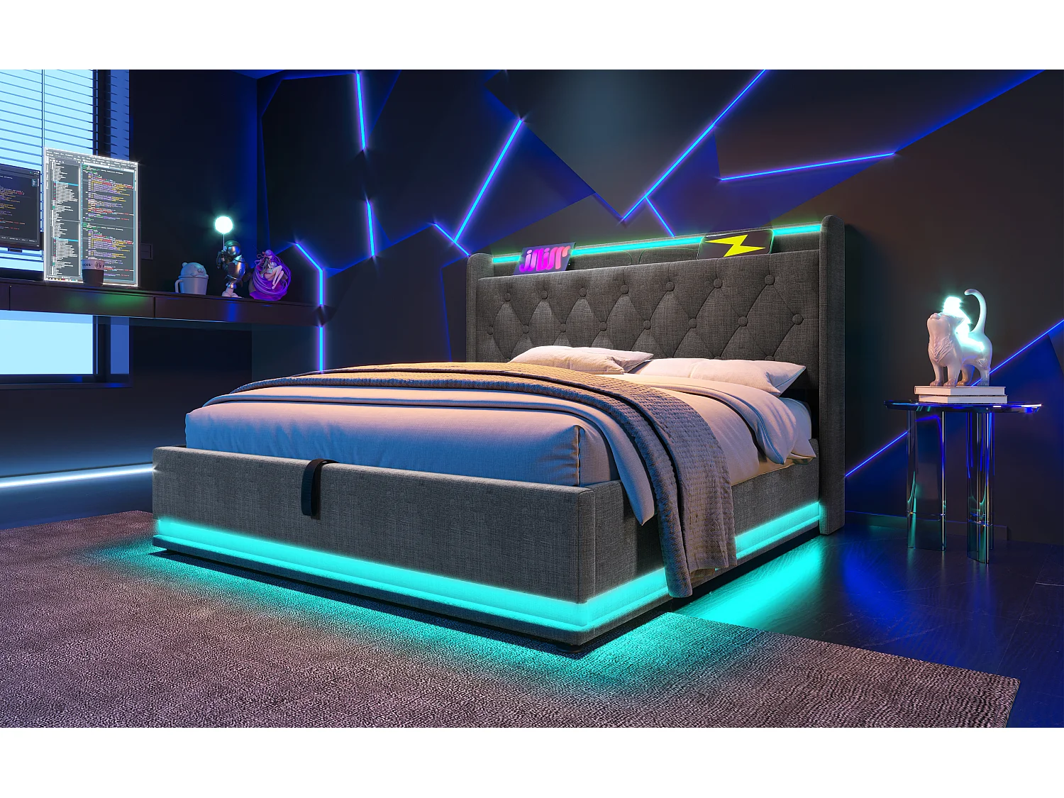 Lit double 180×200 cm en lin gris avec éclairage LED 360°, tête de lit rembourrée et port USB