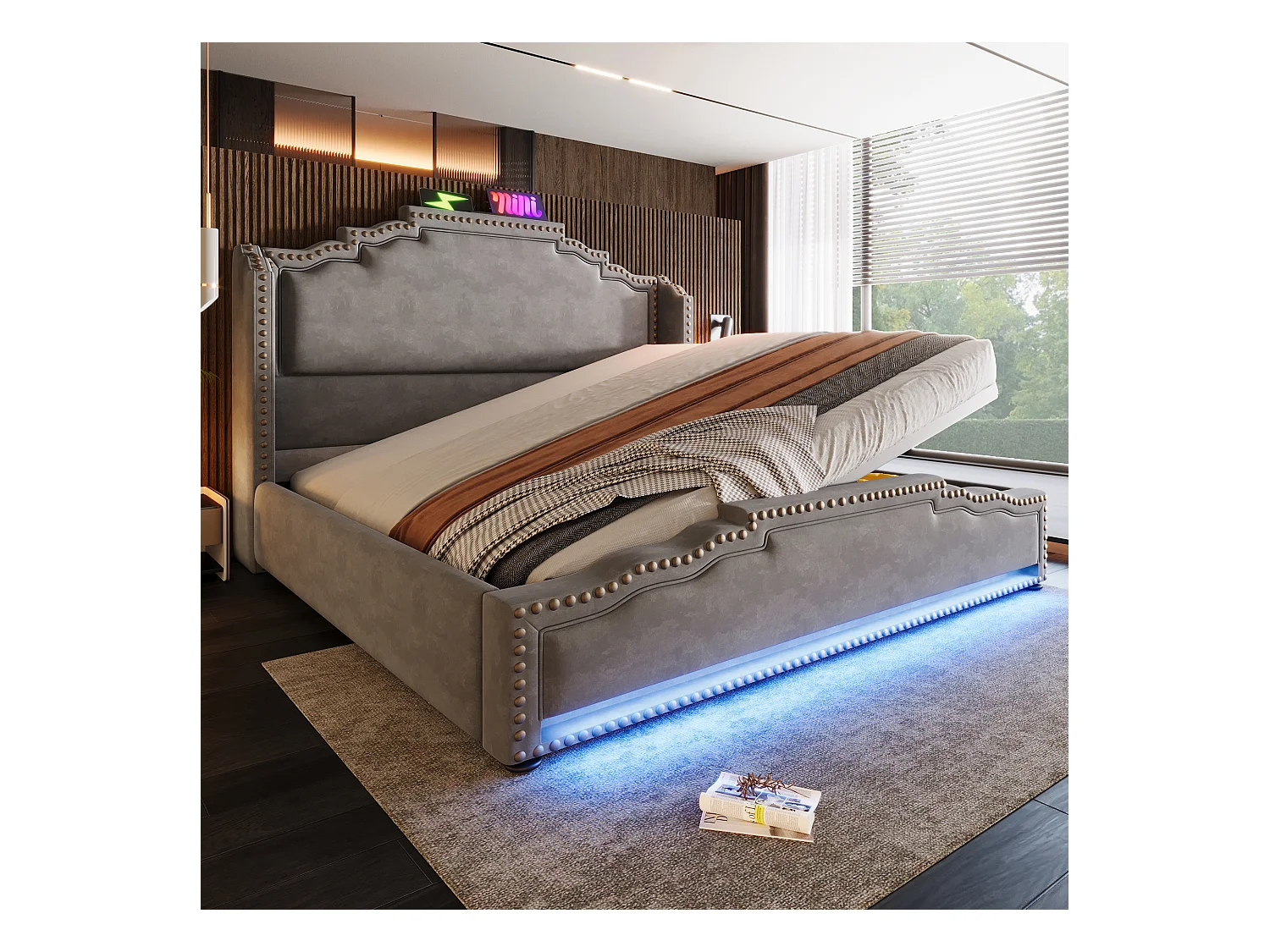 Lit en velours 140x200 cm avec rangement hydraulique, éclairage LED et ports USB-C, design vintage