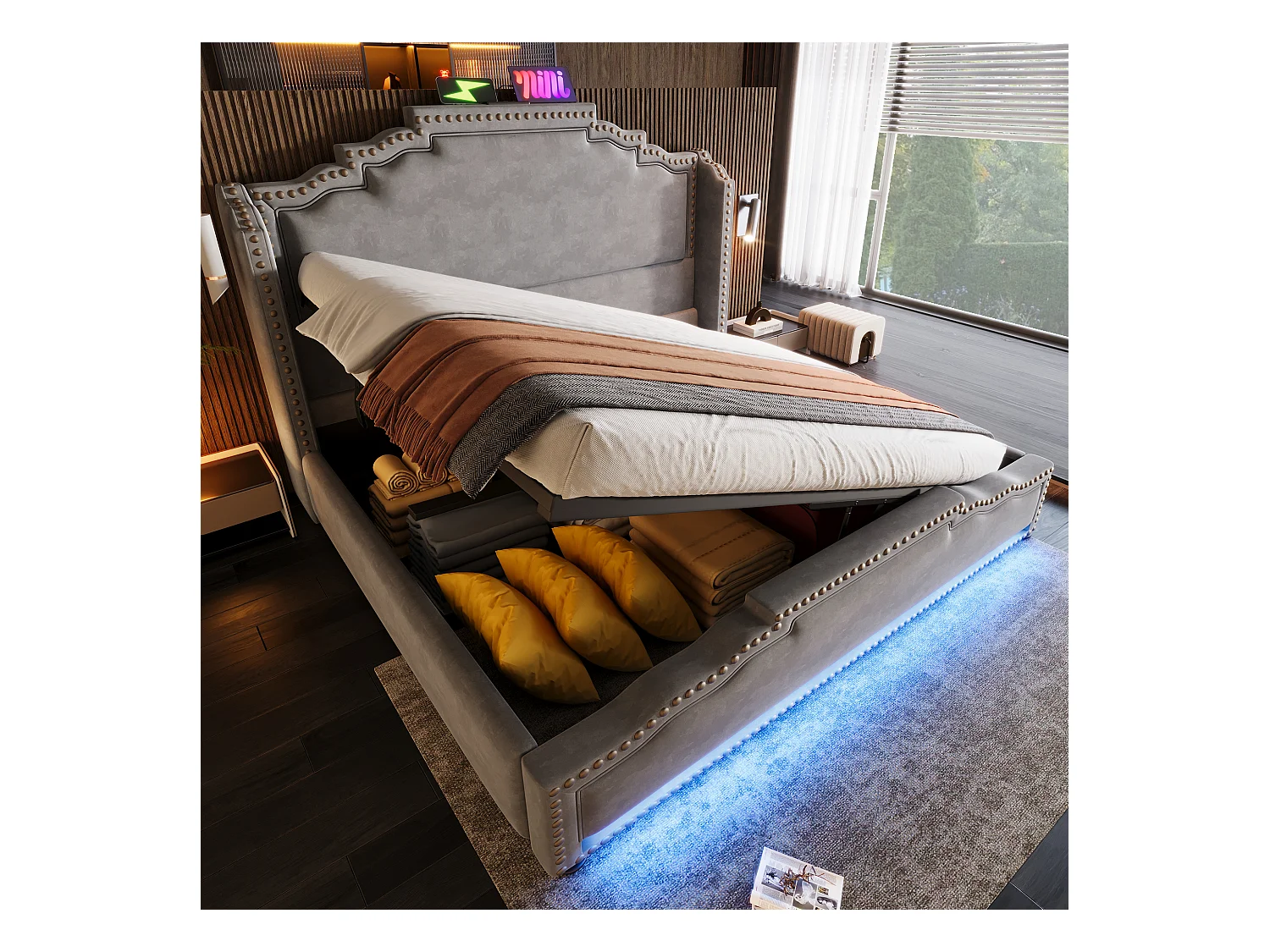 Lit en velours 140x200 cm avec rangement hydraulique, éclairage LED et ports USB-C, design vintage