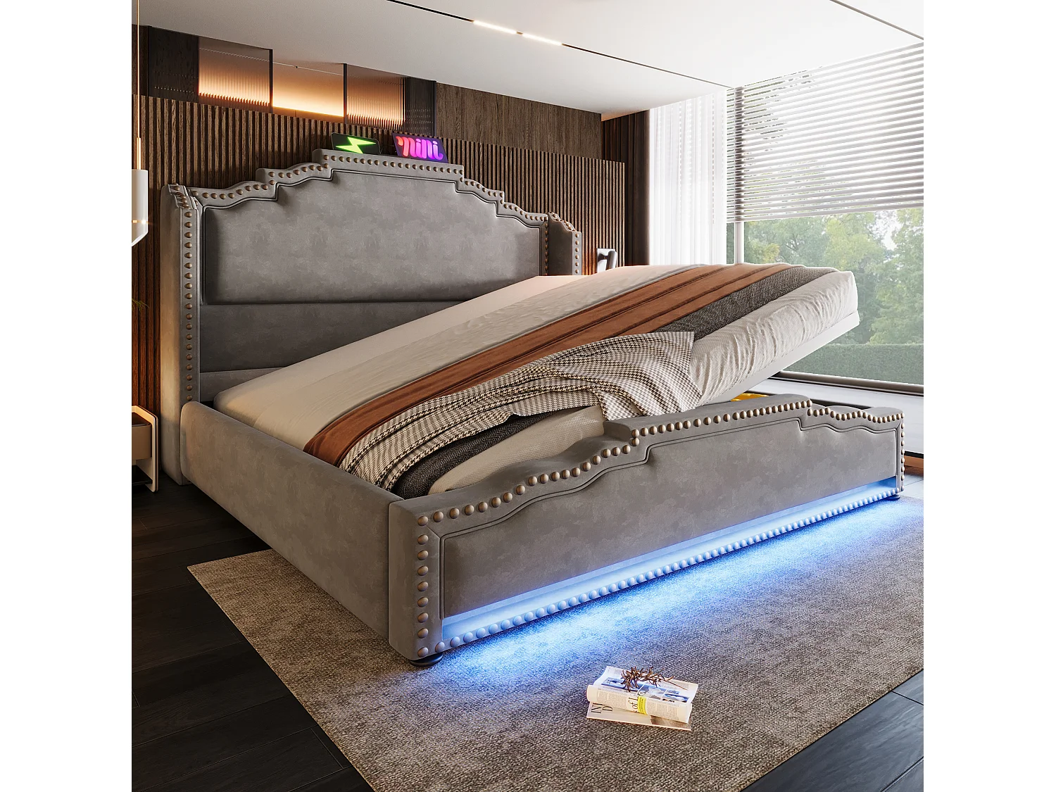 Lit en velours 140x200 cm avec rangement hydraulique, éclairage LED et ports USB-C, design vintage