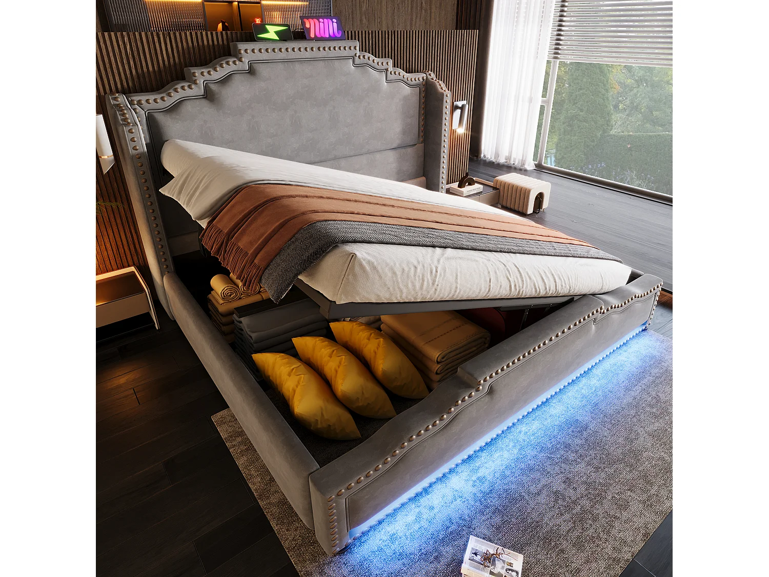 Lit en velours 140x200 cm avec rangement hydraulique, éclairage LED et ports USB-C, design vintage