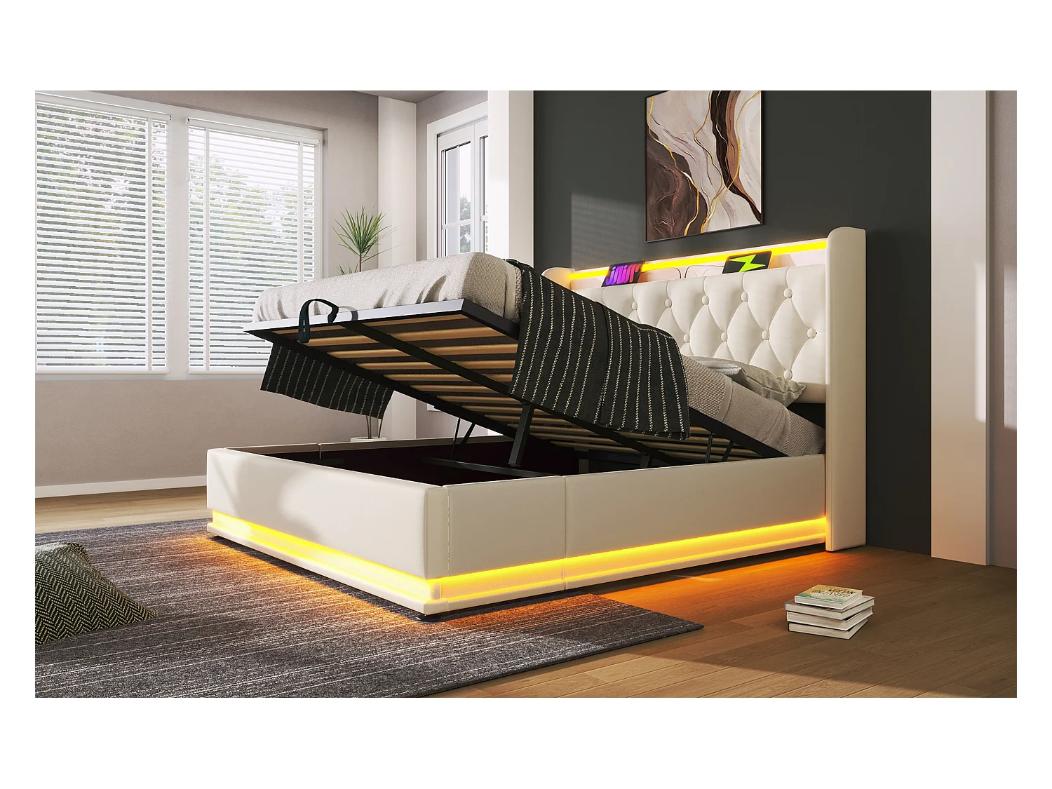 Lit double 140×200 cm en PU blanc avec éclairage LED 360°, tête de lit rembourrée et USB