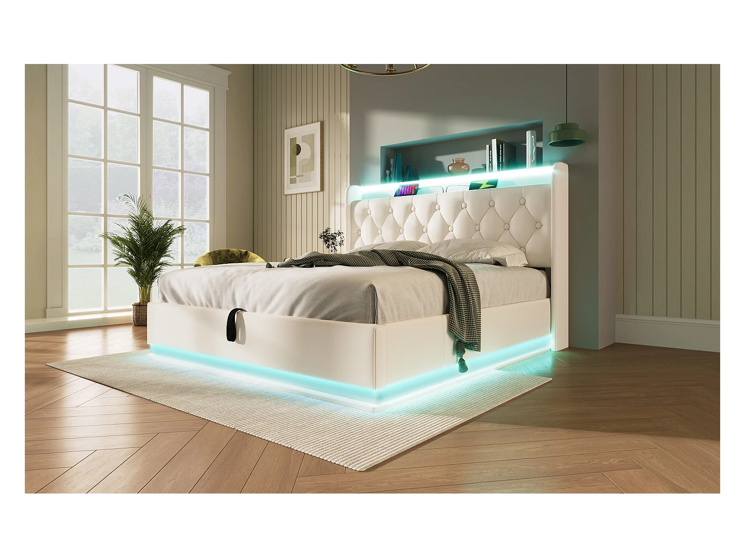 Lit double 140×200 cm en PU blanc avec éclairage LED 360°, tête de lit rembourrée et USB