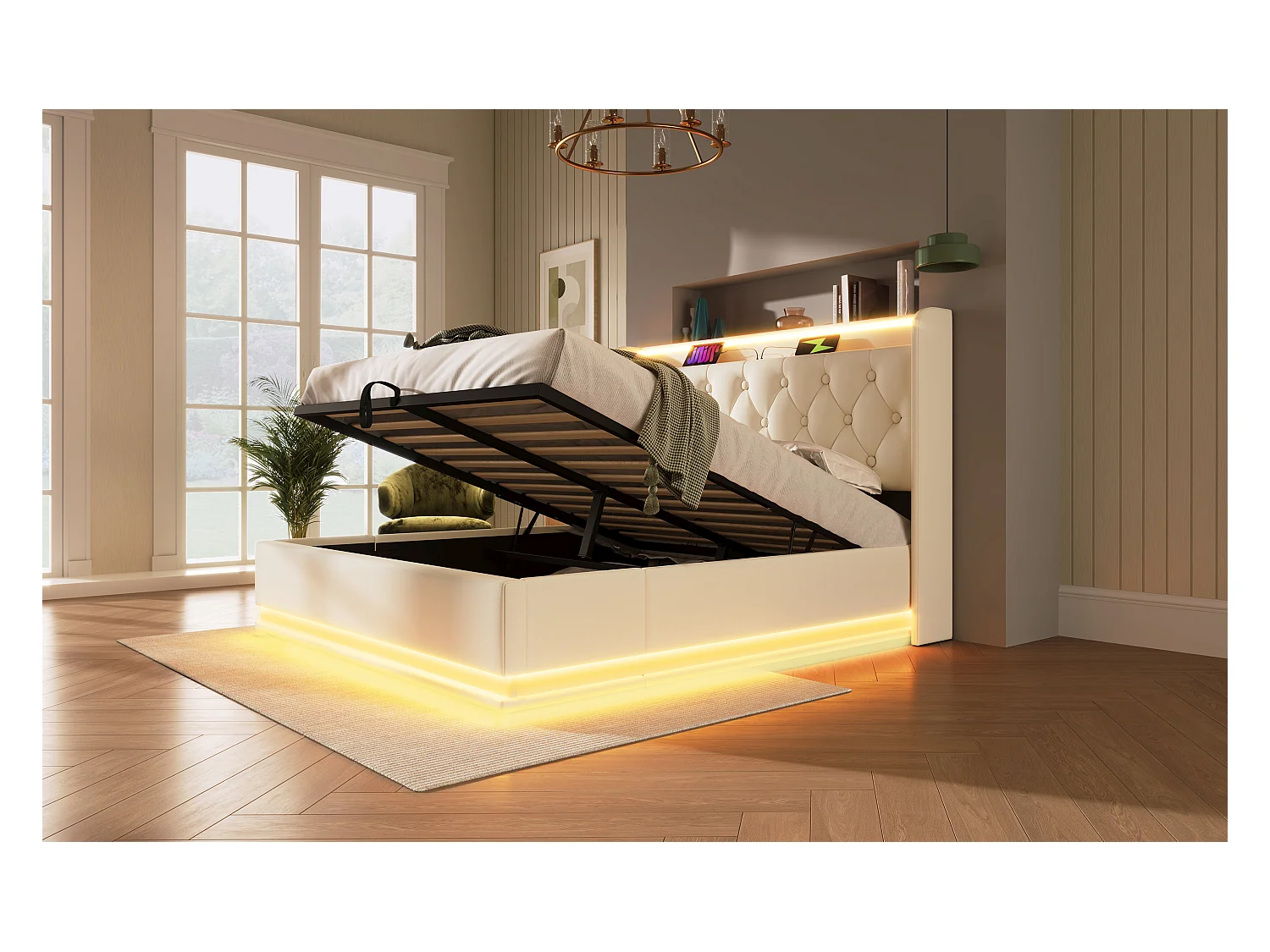 Lit double 140×200 cm en PU blanc avec éclairage LED 360°, tête de lit rembourrée et USB