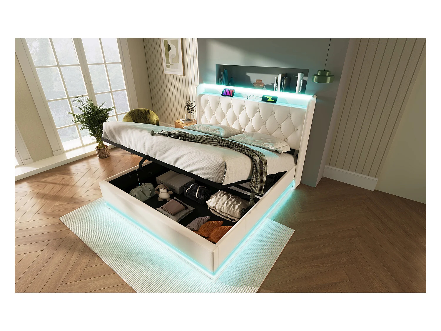 Lit double 140×200 cm en PU blanc avec éclairage LED 360°, tête de lit rembourrée et USB