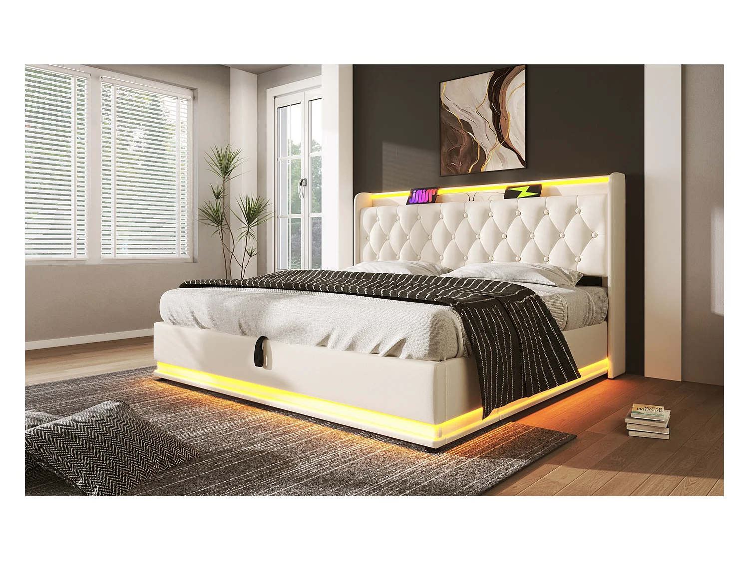 Lit double 140×200 cm en PU blanc avec éclairage LED 360°, tête de lit rembourrée et USB
