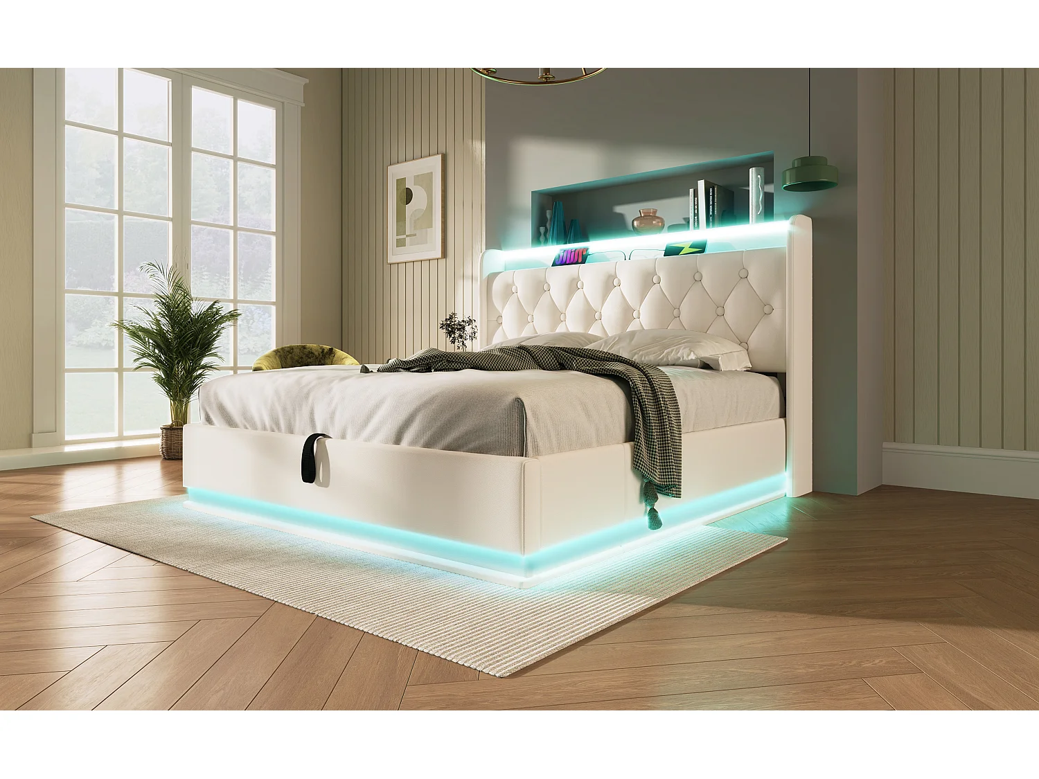 Lit double 140×200 cm en PU blanc avec éclairage LED 360°, tête de lit rembourrée et USB