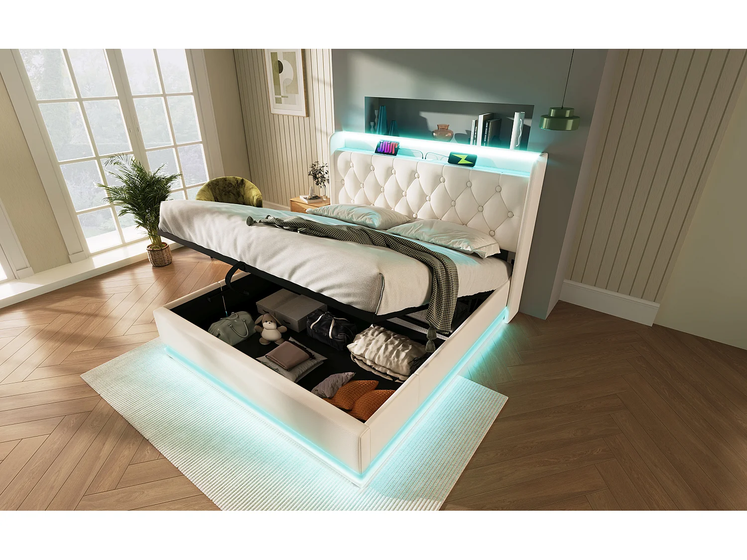 Lit double 140×200 cm en PU blanc avec éclairage LED 360°, tête de lit rembourrée et USB