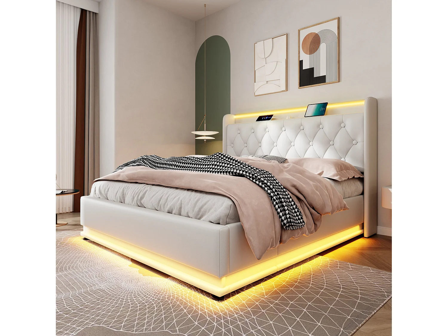 Lit double 140×200 cm en PU blanc avec éclairage LED 360°, tête de lit rembourrée et USB