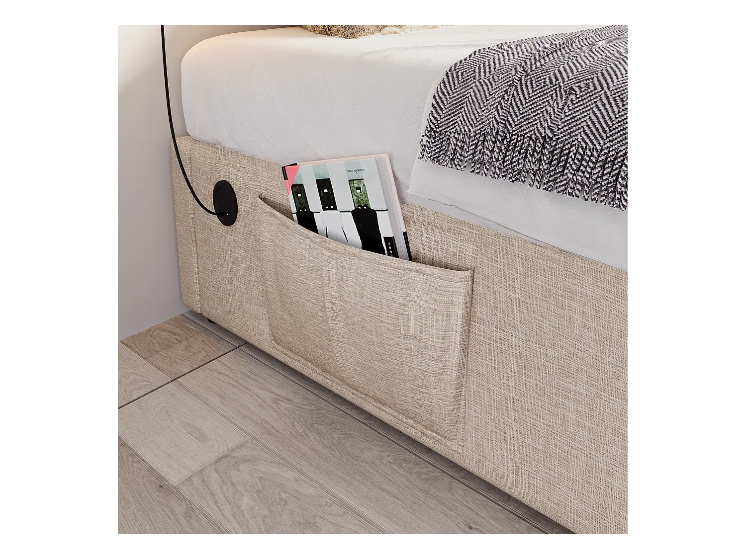 Lit double 140×200 cm avec rangement hydraulique, USB et sommier en bois massif, sans tête de lit, lin naturel