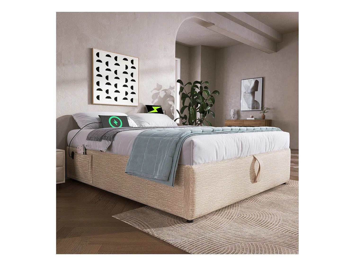 Lit double 140×200 cm avec rangement hydraulique, USB et sommier en bois massif, sans tête de lit, lin naturel