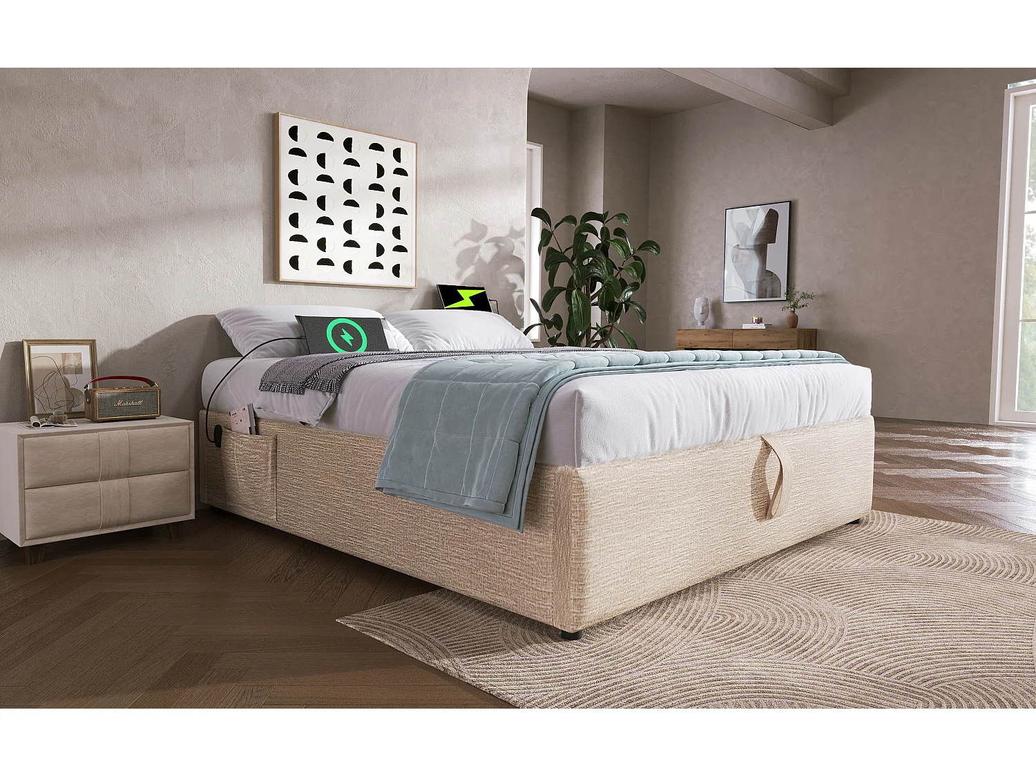 Lit double 140×200 cm avec rangement hydraulique, USB et sommier en bois massif, sans tête de lit, lin naturel