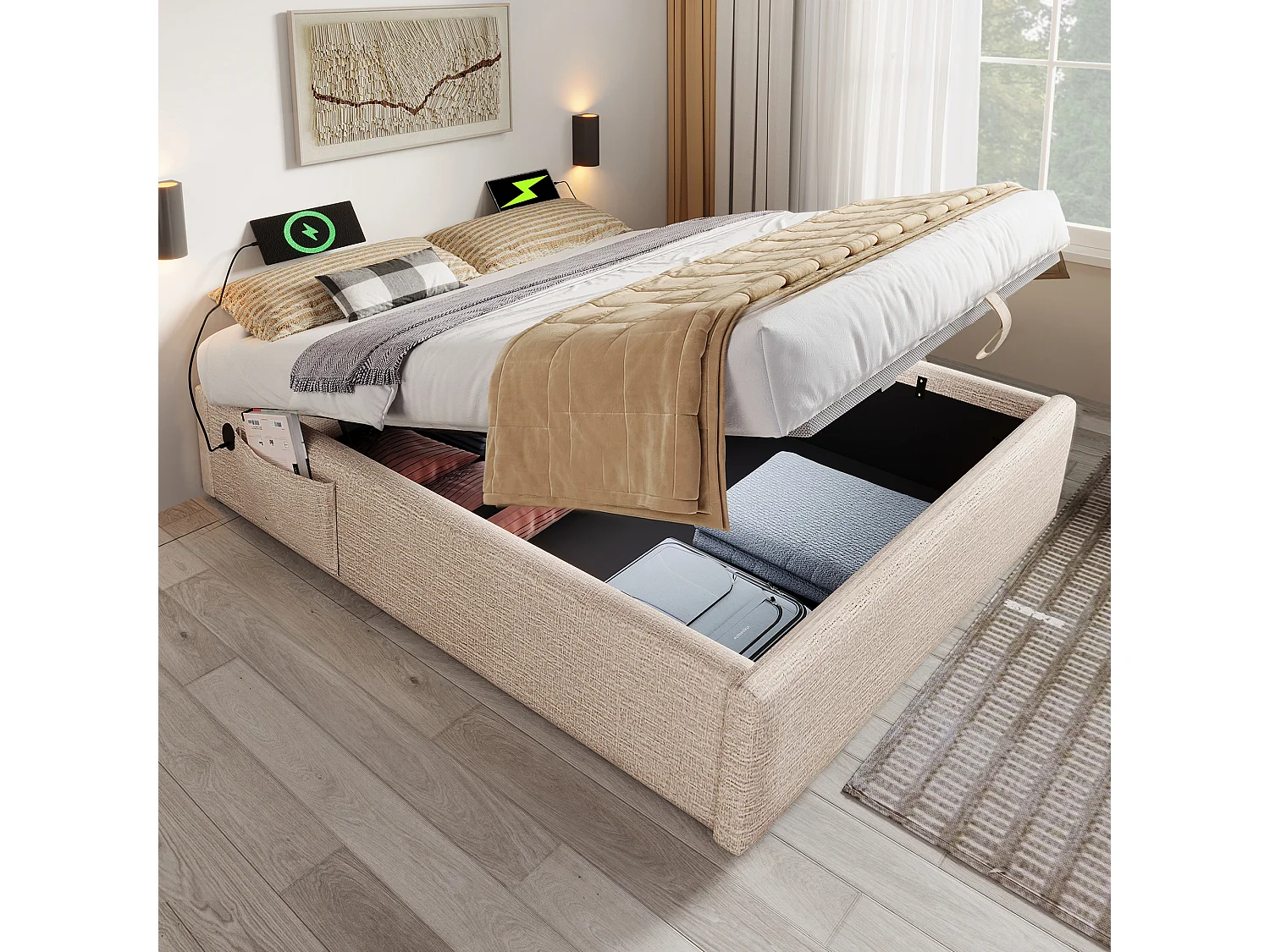 Lit double 140×200 cm avec rangement hydraulique, USB et sommier en bois massif, sans tête de lit, lin naturel