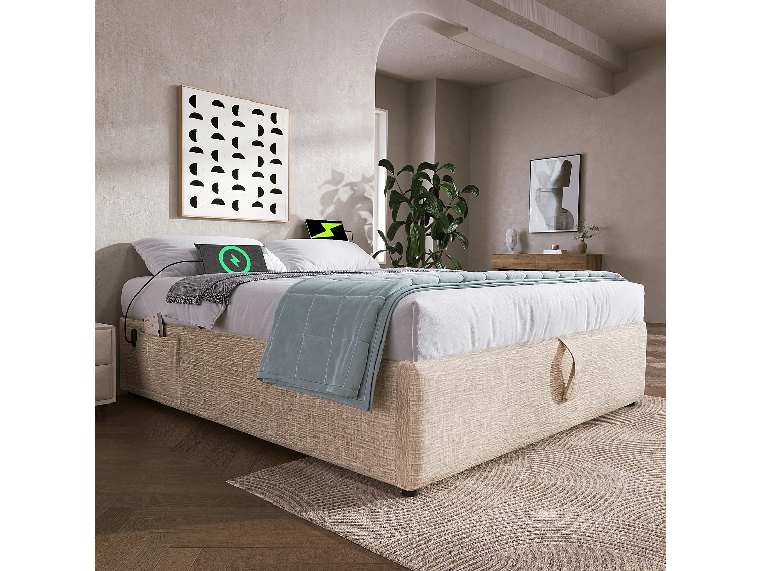 Tweepersoonsbed 140×200 cm met hydraulische opbergruimte, USB en massief houten lattenbodem, zonder hoofdbord, linnen
