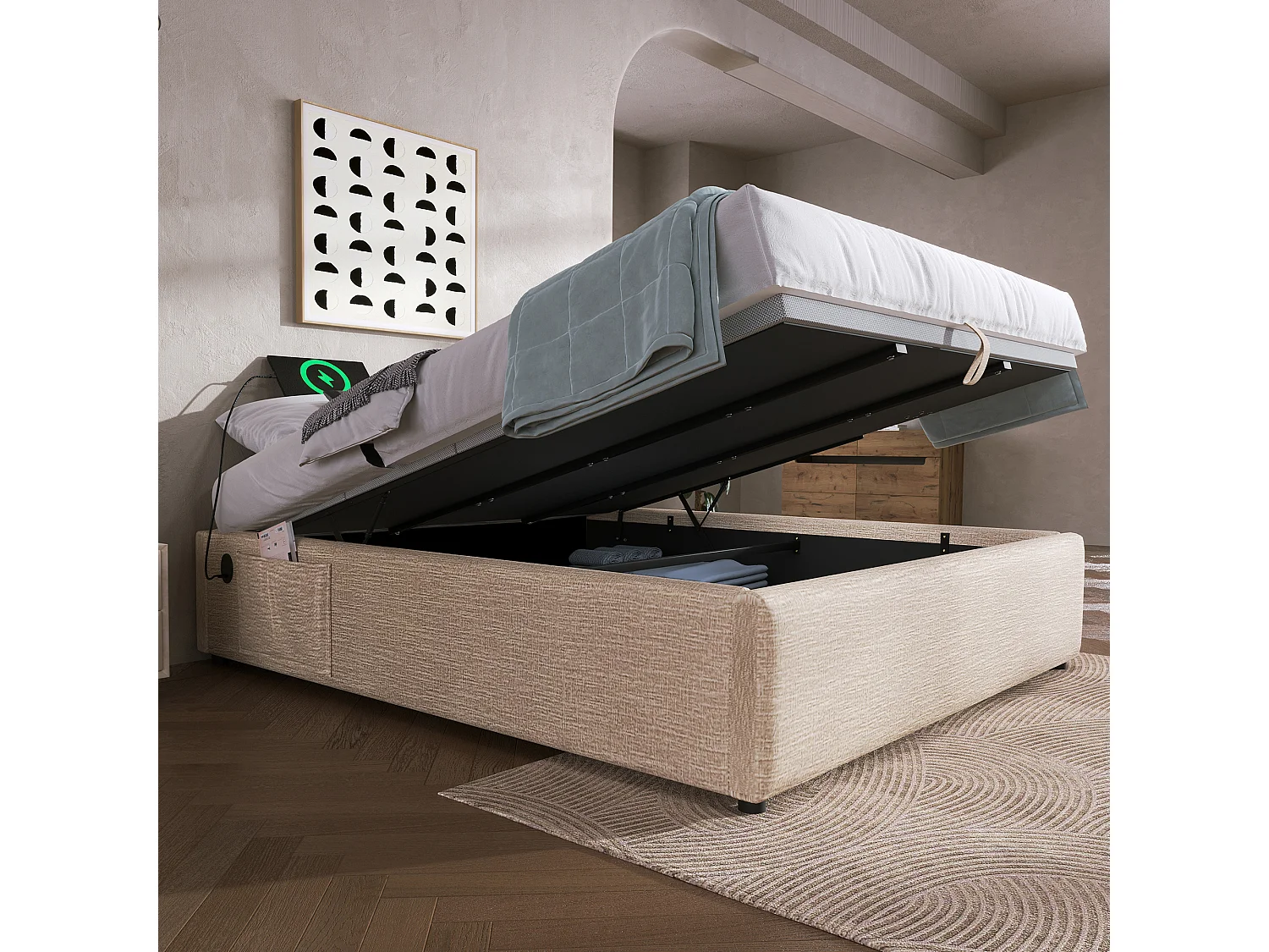 Tweepersoonsbed 140×200 cm met hydraulische opbergruimte, USB en massief houten lattenbodem, zonder hoofdbord, linnen
