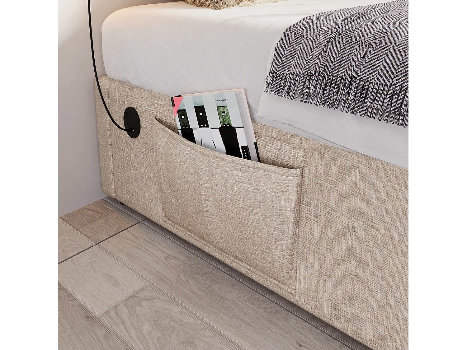 Tweepersoonsbed 140×200 cm met hydraulische opbergruimte, USB en massief houten lattenbodem, zonder hoofdbord, linnen