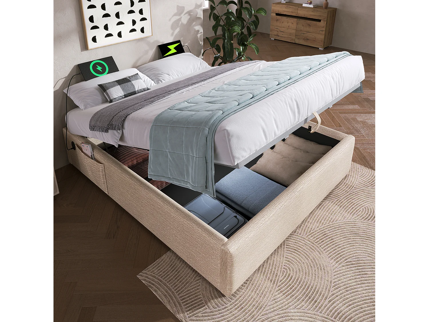 Tweepersoonsbed 140×200 cm met hydraulische opbergruimte, USB en massief houten lattenbodem, zonder hoofdbord, linnen