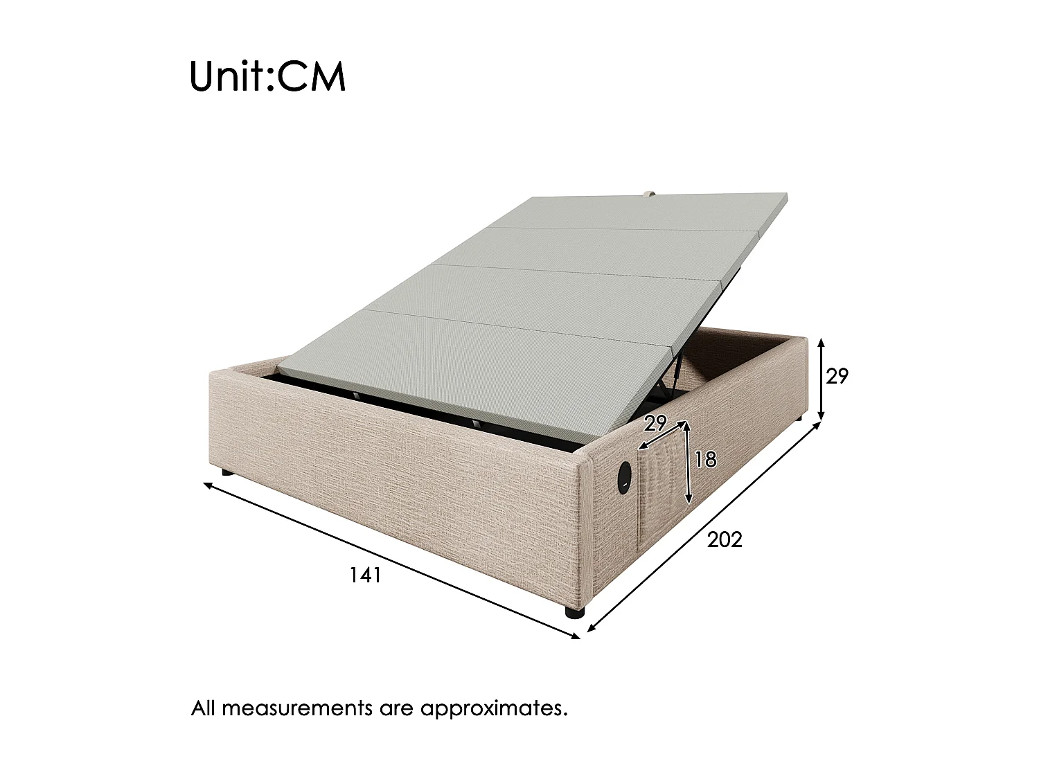 Tweepersoonsbed 140×200 cm met hydraulische opbergruimte, USB en massief houten lattenbodem, zonder hoofdbord, linnen