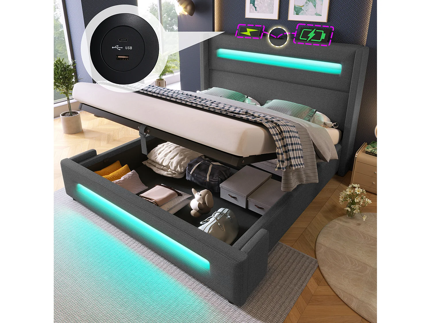 Lit double 160x200 cm en lin gris avec LED, lit de rangement hydraulique et ports USB