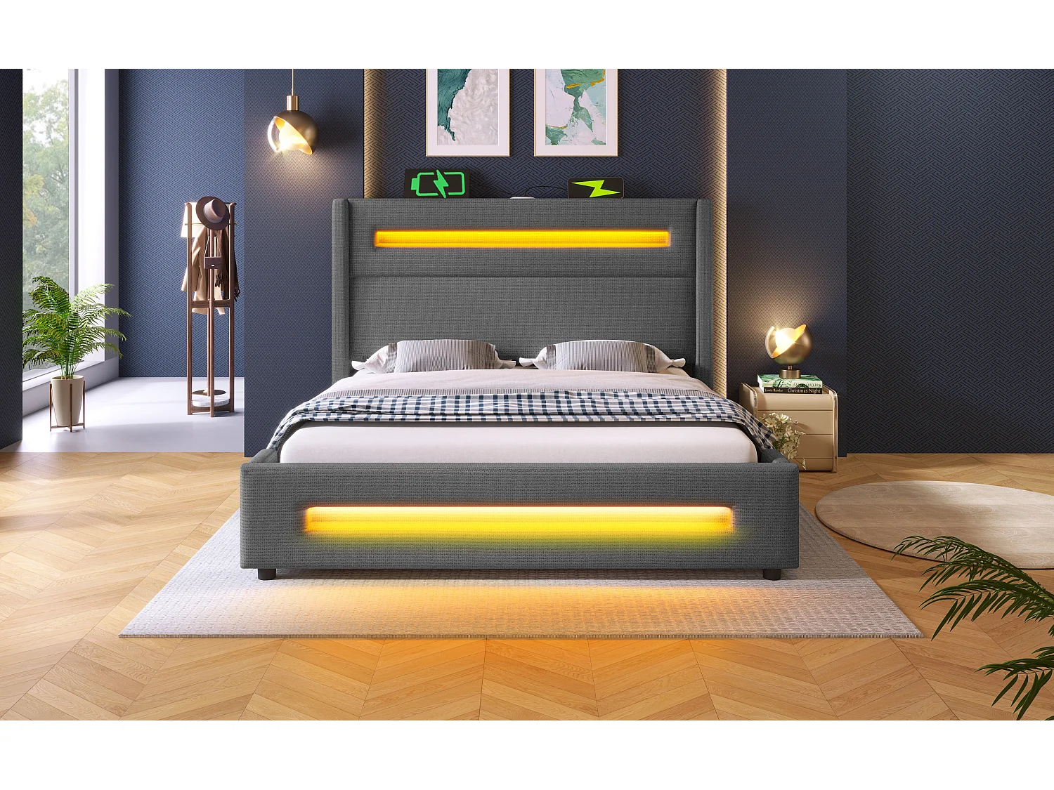 Lit double 160x200 cm en lin gris avec LED, lit de rangement hydraulique et ports USB