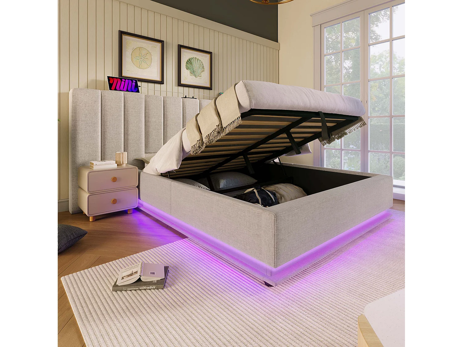 Lit double 160×200 cm, lit de rangement avec contrôle par application, éclairage LED et USB-C, beige