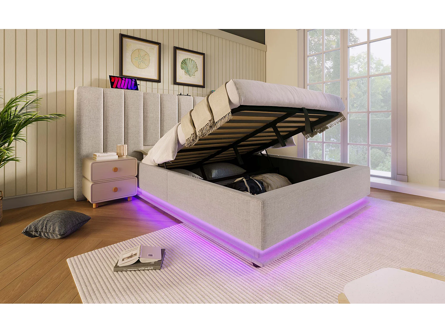 Lit double 160×200 cm, lit de rangement avec contrôle par application, éclairage LED et USB-C, beige