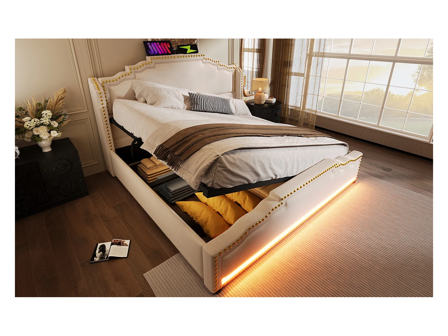 Lit vintage 140x200 cm en velours beige avec rangement hydraulique et éclairage LED