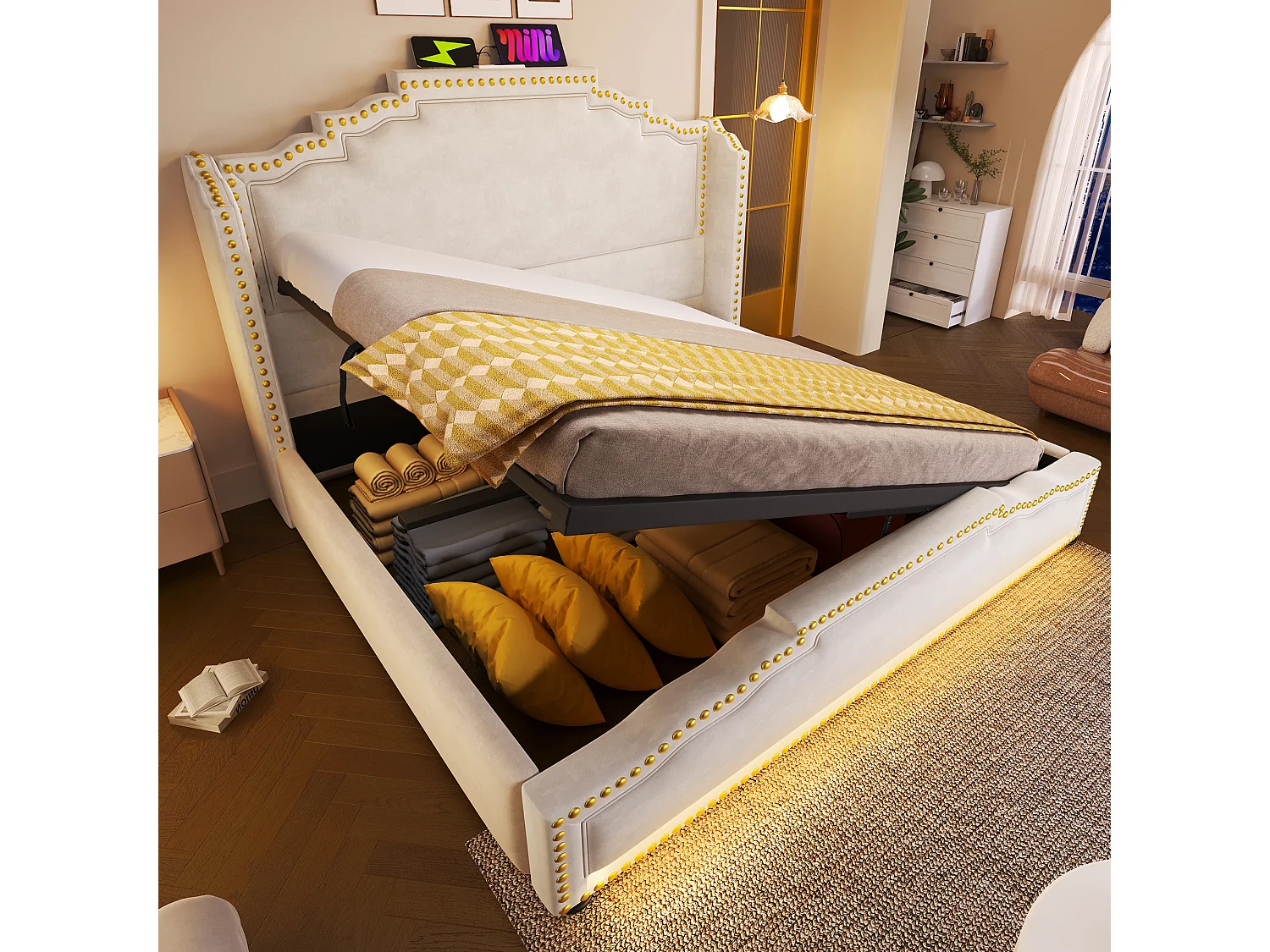 Lit vintage 140x200 cm en velours beige avec rangement hydraulique et éclairage LED