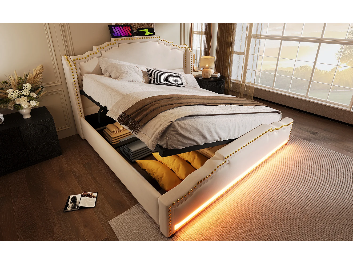 Lit vintage 140x200 cm en velours beige avec rangement hydraulique et éclairage LED