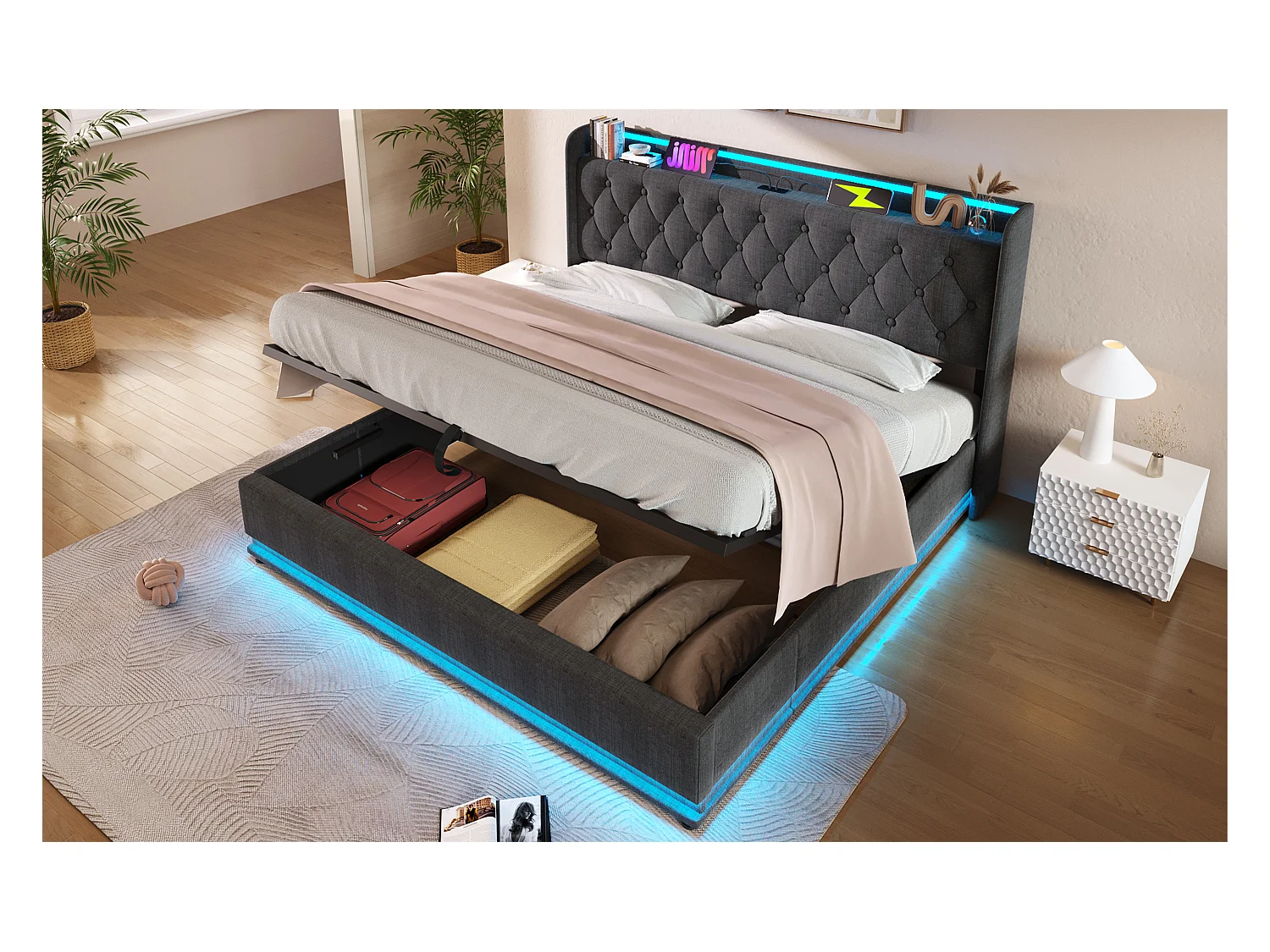 Lit double 160×200 cm en lin gris avec éclairage LED 360°, tête de lit rembourrée et port USB