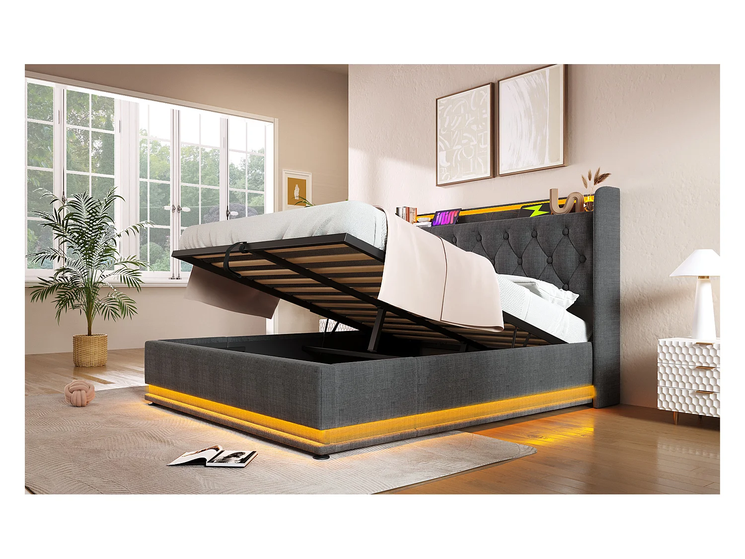 Lit double 160×200 cm en lin gris avec éclairage LED 360°, tête de lit rembourrée et port USB