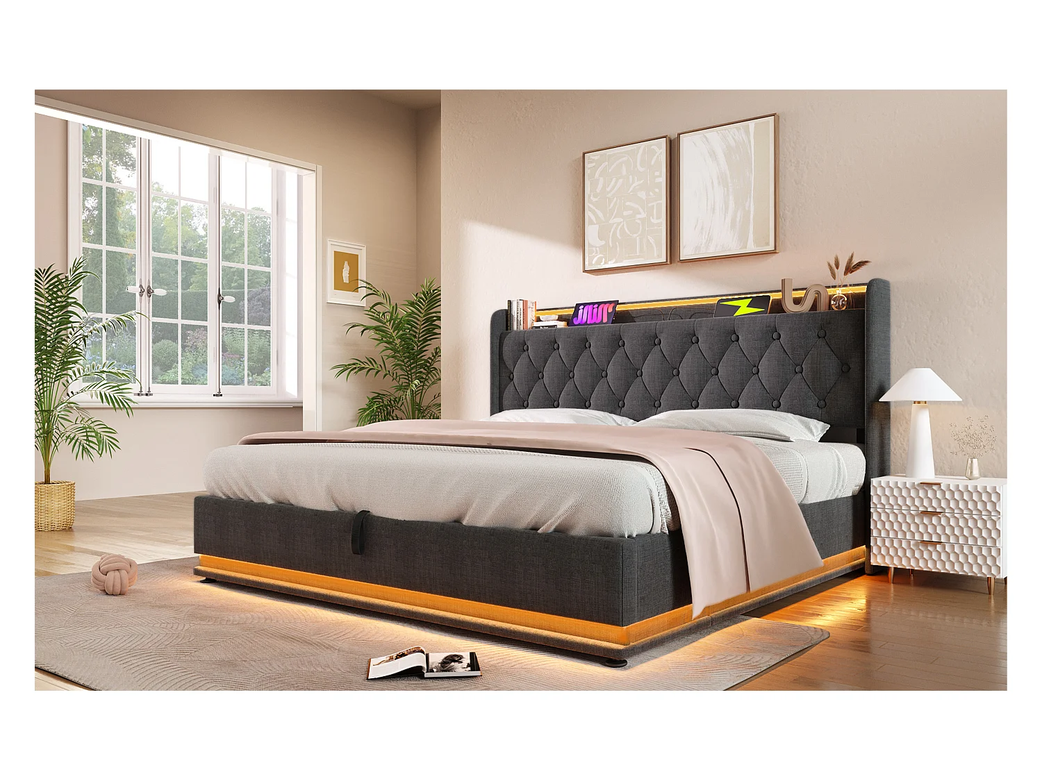 Lit double 160×200 cm en lin gris avec éclairage LED 360°, tête de lit rembourrée et port USB