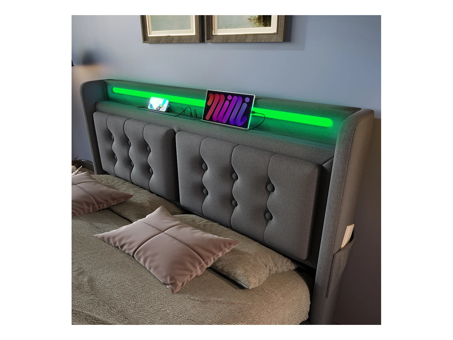 Lit double 160x200 cm en gris avec tête de lit LED et ports USB intégrés, rangement pratique