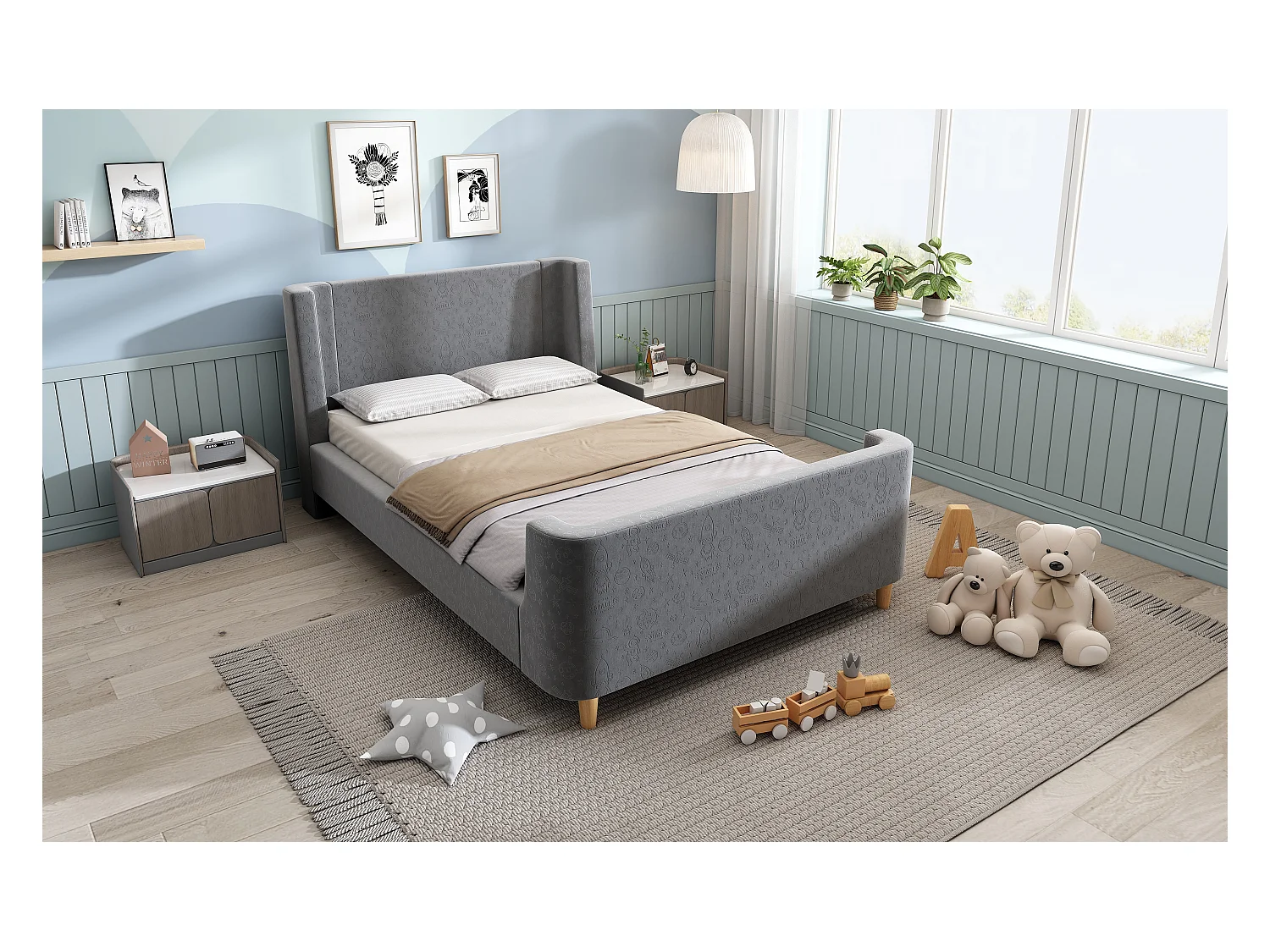 Lit enfant en velours, lit à bascule 90 x 200 cm, gris, avec motifs spatiaux et sécurité renforcée