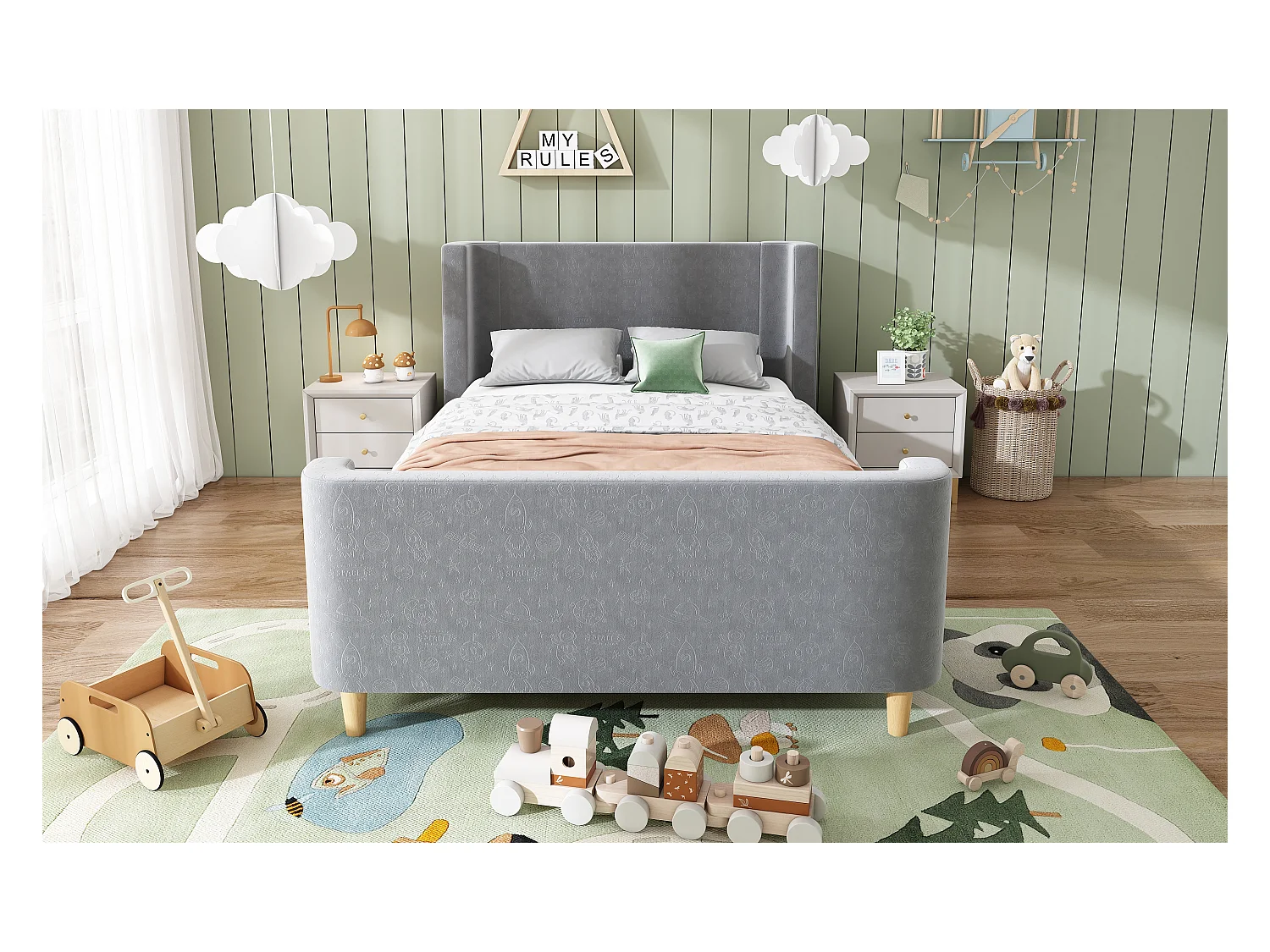 Lit enfant en velours, lit à bascule 90 x 200 cm, gris, avec motifs spatiaux et sécurité renforcée