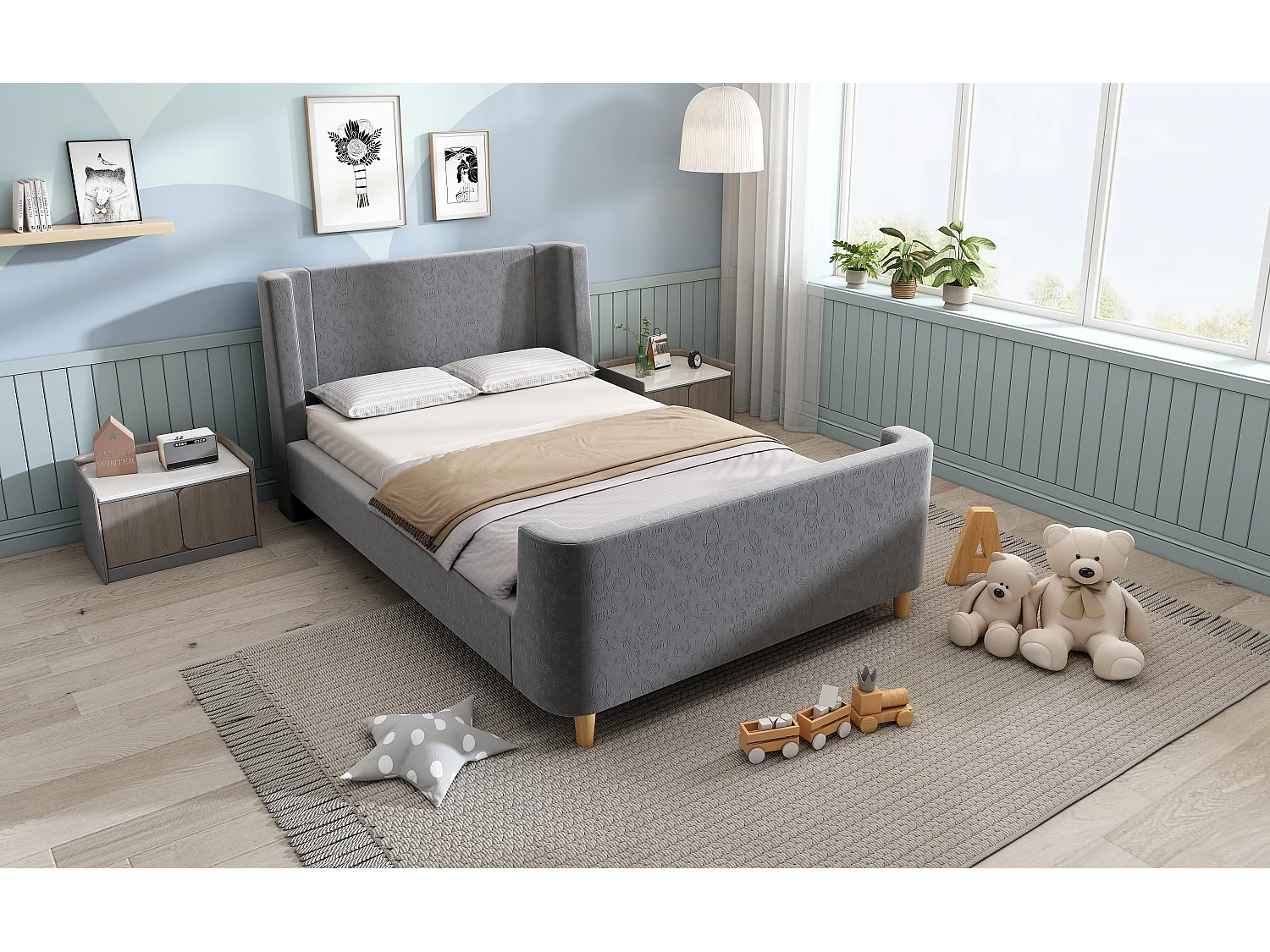 Lit enfant en velours, lit à bascule 90 x 200 cm, gris, avec motifs spatiaux et sécurité renforcée