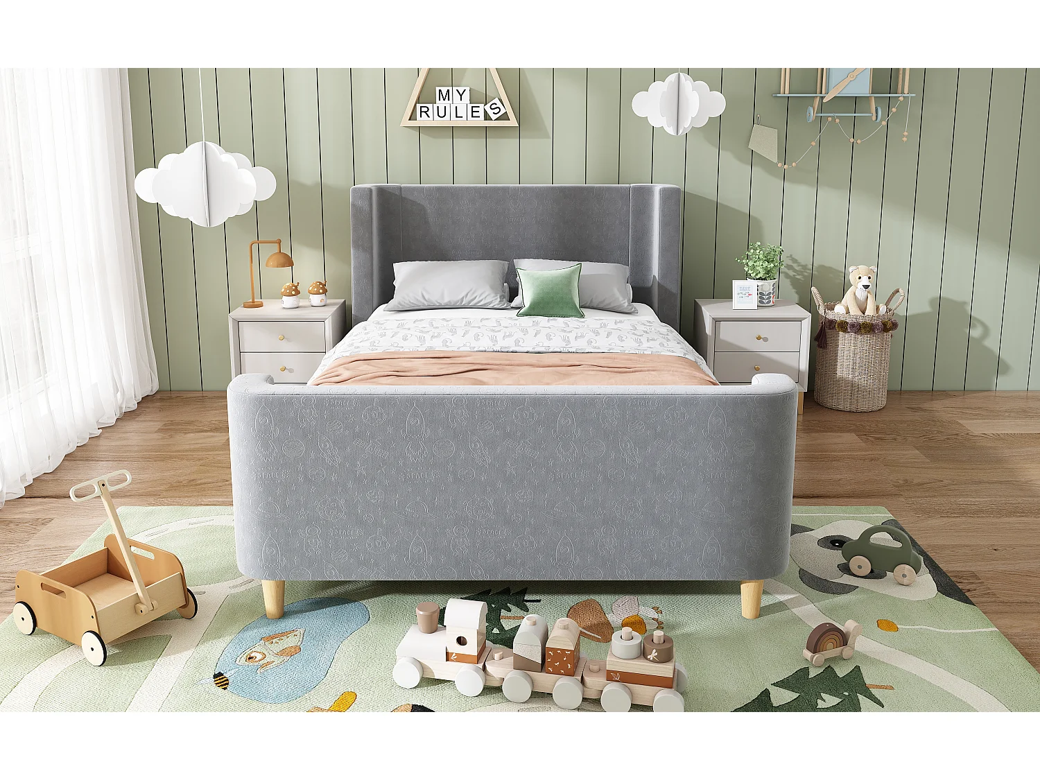 Lit enfant en velours, lit à bascule 90 x 200 cm, gris, avec motifs spatiaux et sécurité renforcée