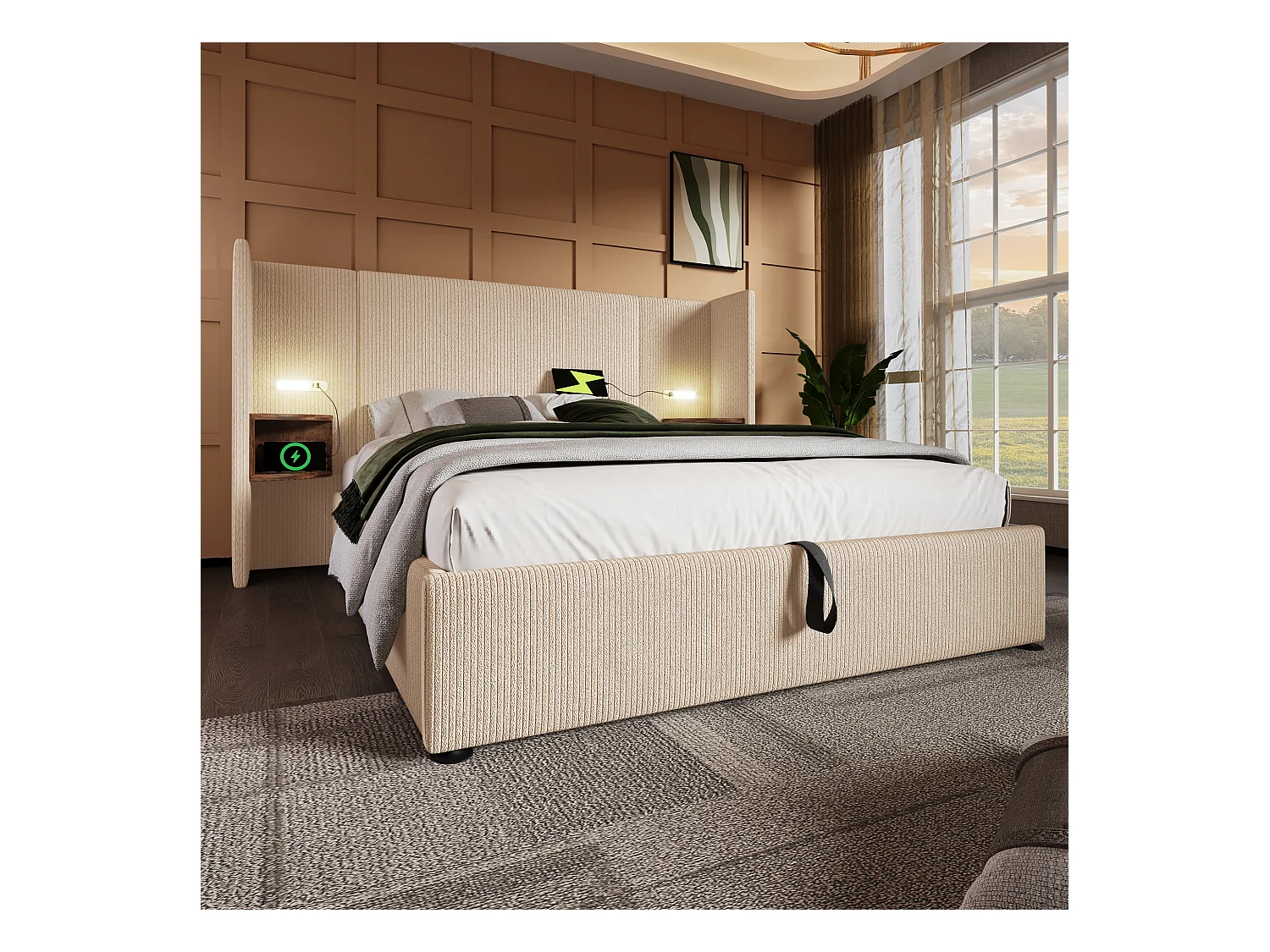 Lit double 160×200 cm en beige avec tête de lit multifonction et lampe de lecture intégrée